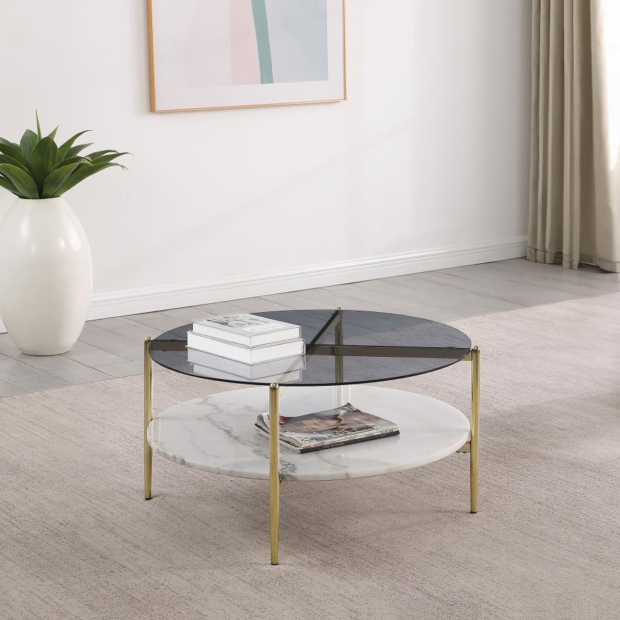 (image for) Jonelle Round Glass Top Coffee Table White Marble Shelf Gold