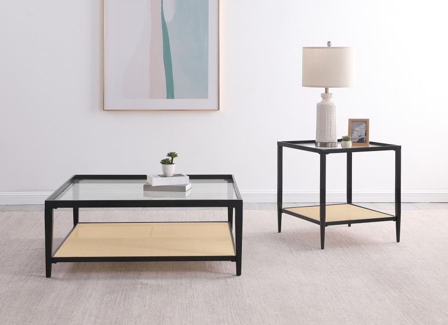 (image for) Amherst Glass Top Metal with Cane Shelf End Table Black