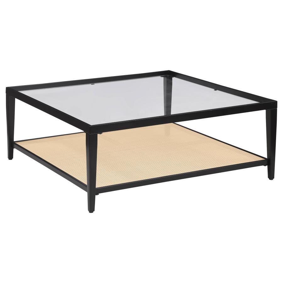 (image for) Amherst Glass Top Metal with Cane Shelf Coffee Table Black