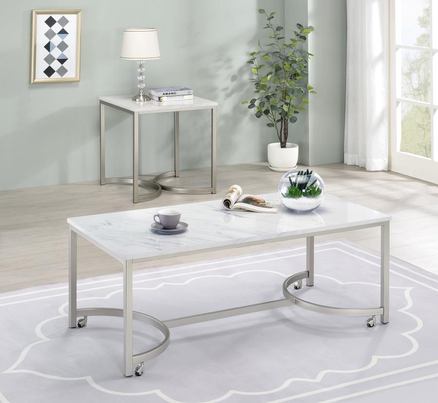 (image for) Leona Square Faux Marble Side End Table Satin Nickel