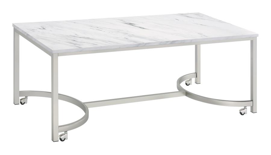 (image for) Leona Faux Marble Coffee Table with Casters Satin Nickel