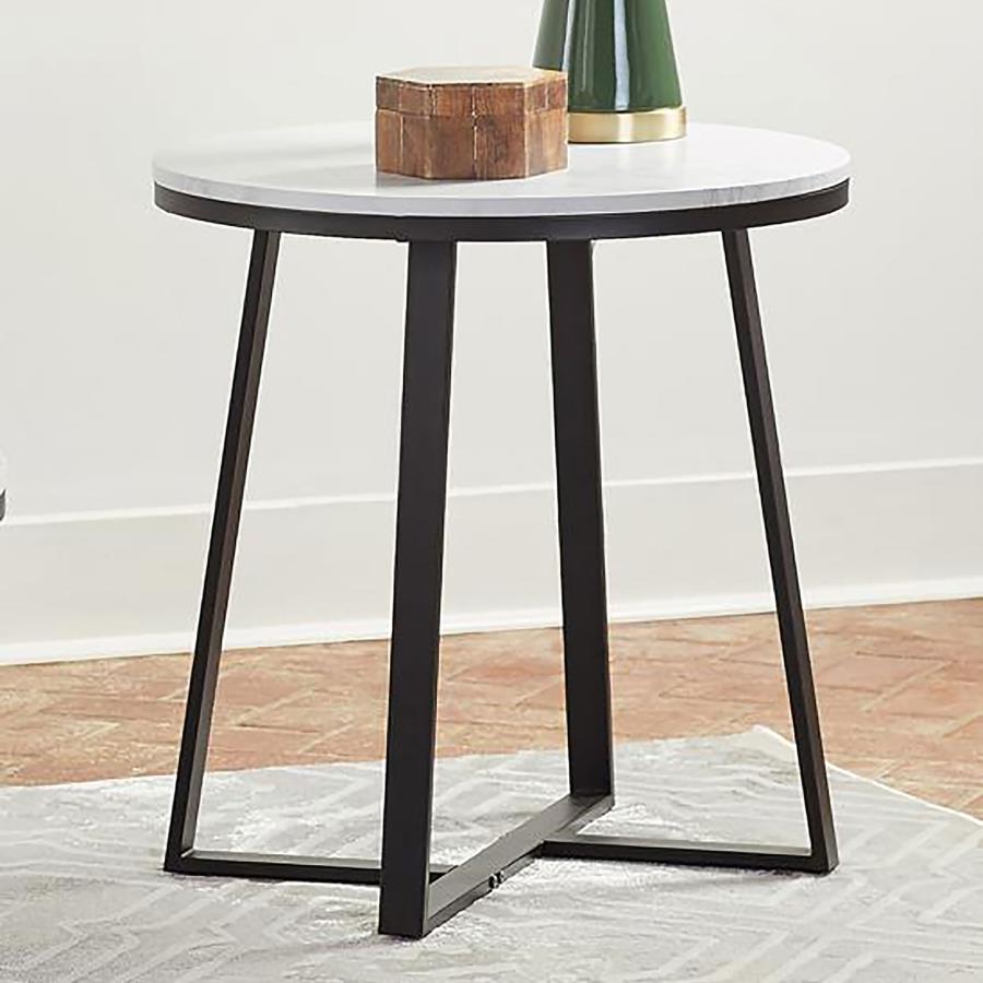 (image for) Hugo Round Faux Marble End Table White and Matte Black