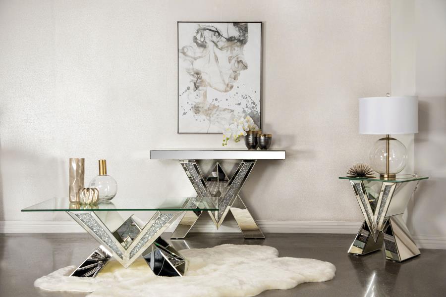 (image for) Taffeta Glass Top Mirrored Acrylic End Table Silver