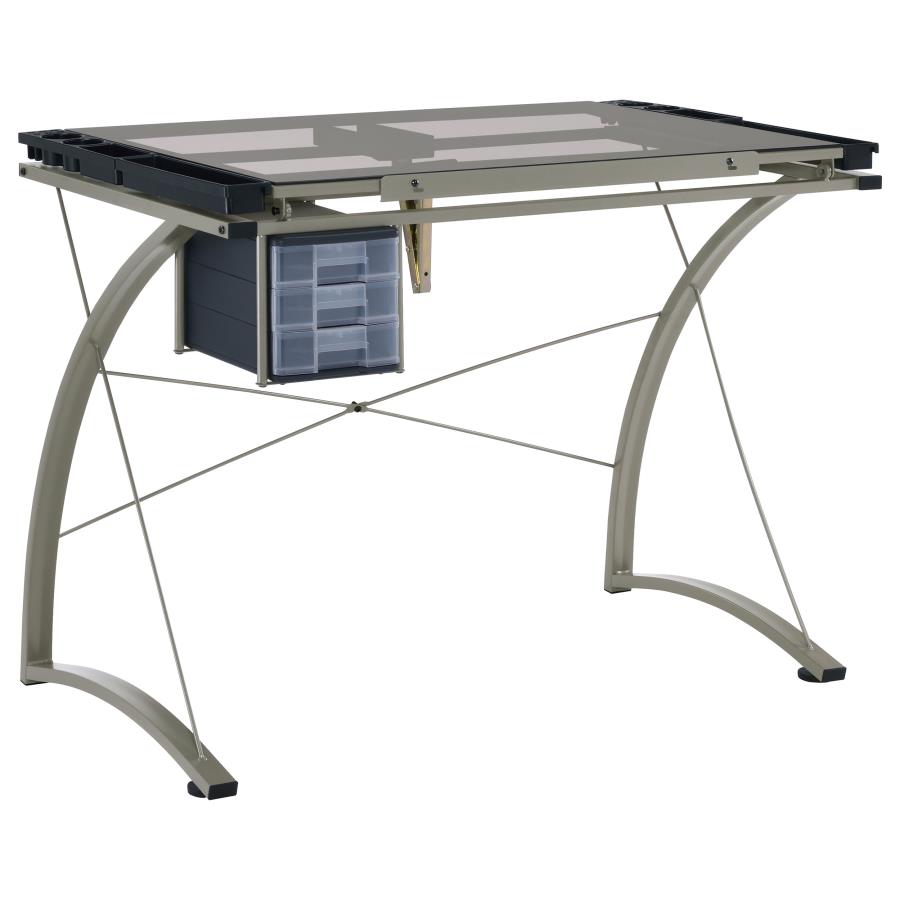 (image for) Melo 41-inch Glass Top Drafting Table with Storage Silver