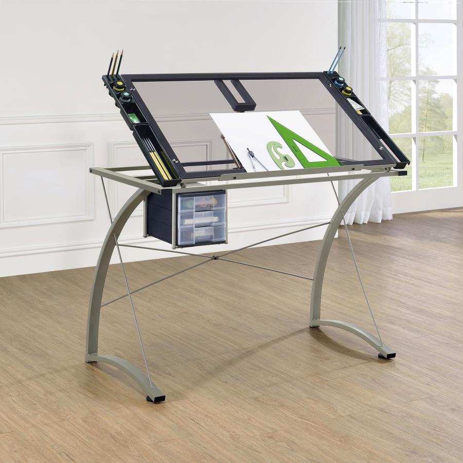 (image for) Melo 41-inch Glass Top Drafting Table with Storage Silver