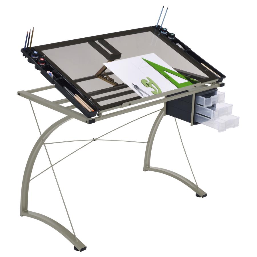 (image for) Melo 41-inch Glass Top Drafting Table with Storage Silver