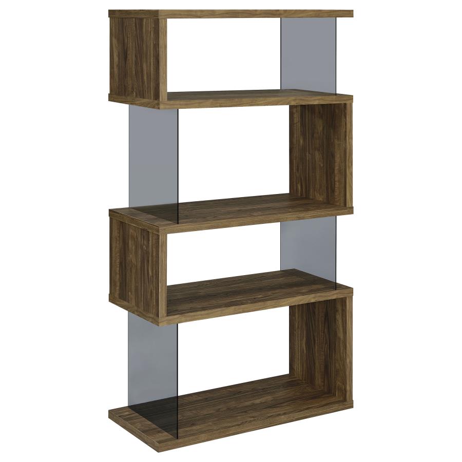 (image for) Emelle 63-inch 4-shelf Glass Panel Bookshelf Aged Walnut