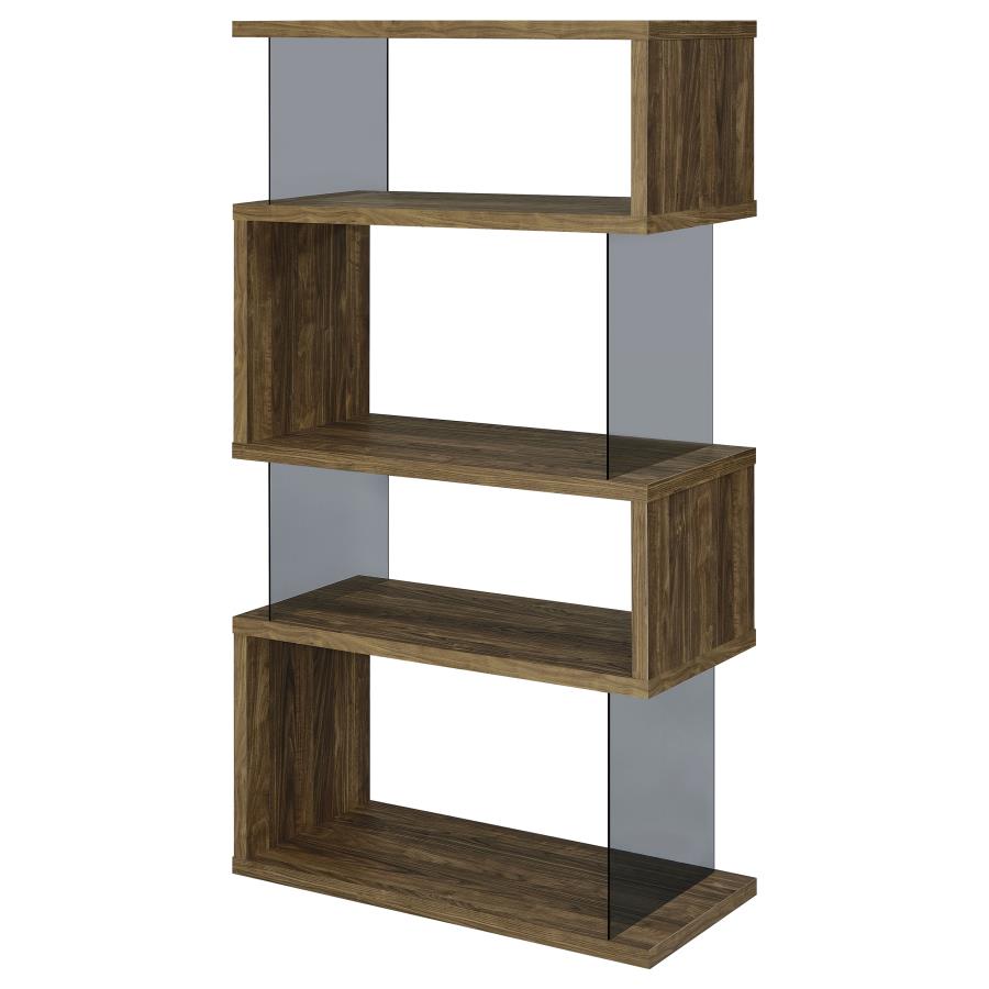 (image for) Emelle 63-inch 4-shelf Glass Panel Bookshelf Aged Walnut