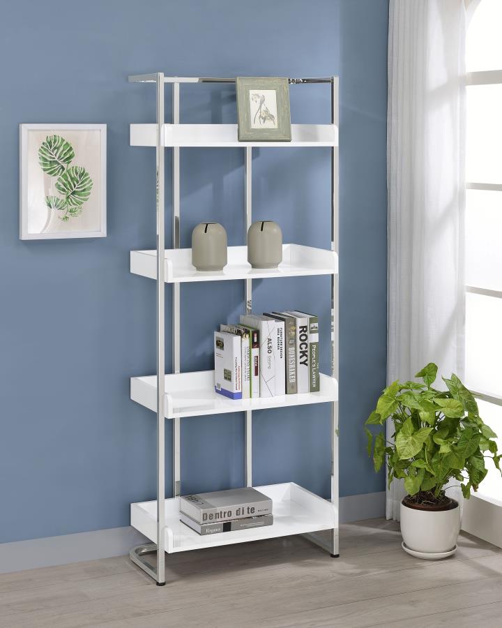 (image for) Ember 68-inch 4-shelf Bookshelf White High Gloss and Chrome