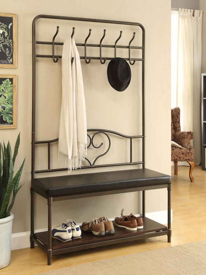 (image for) Francesca 6 Hook Coat Rack Hall Tree Shoe Bench Dark Bronze