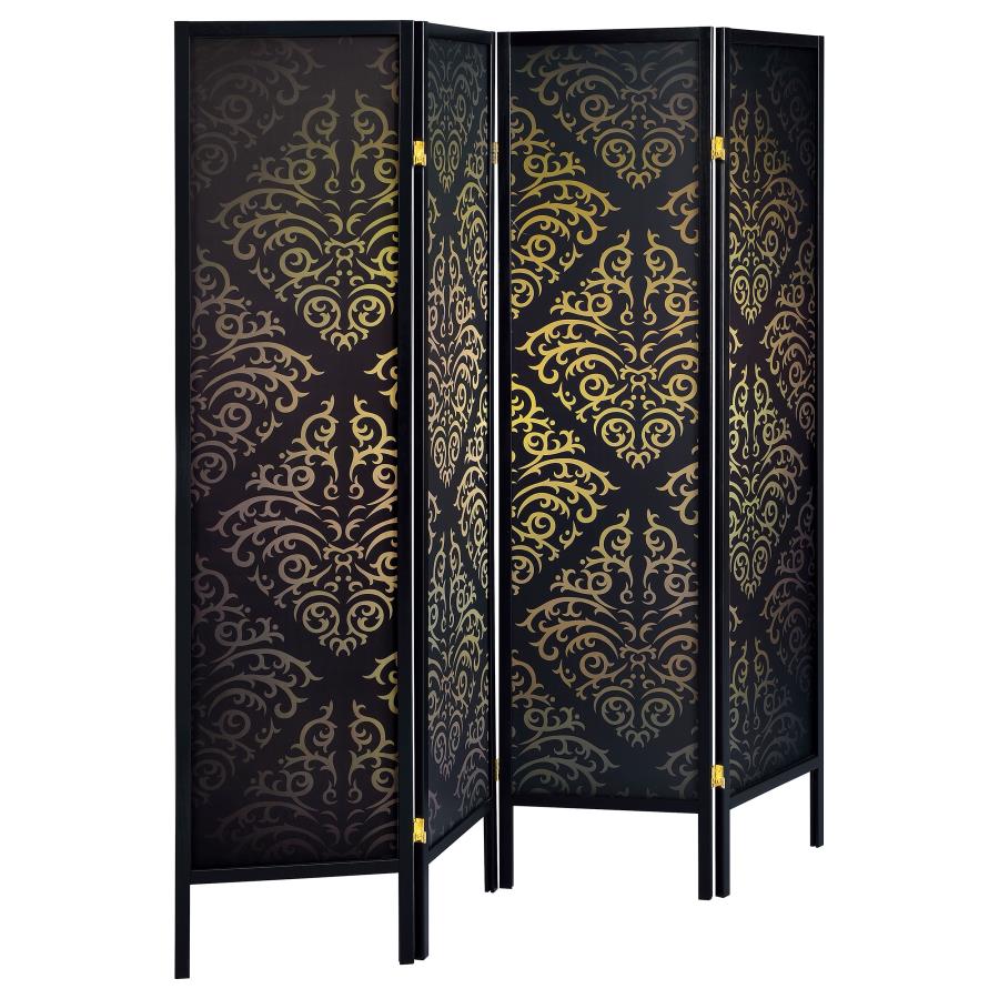 (image for) Haidera 4-Panel Room Divider Folding Screen Black Damask