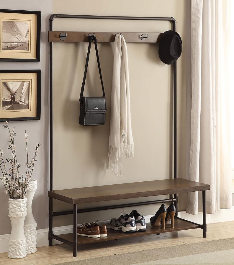 (image for) Alise 5 Hook Coat Rack Hall Tree with Shoe Bench Chestnut