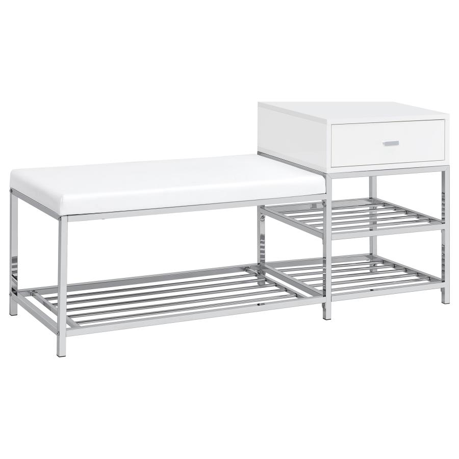 (image for) Siega 1-Drawer Shoe Storage Entryway Bench White High Gloss and Chrome