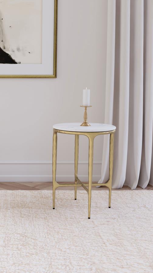 (image for) Baldwin Round Marble Top Side Table White and Gold