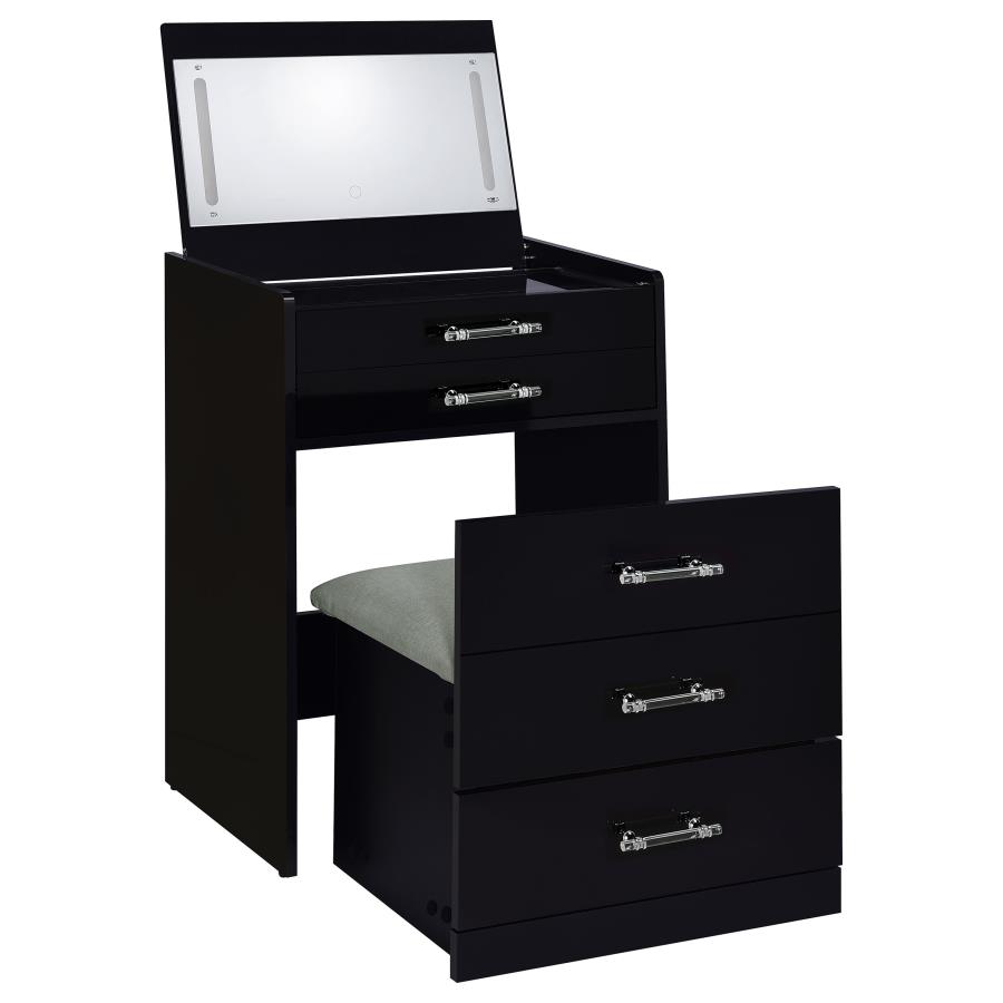 (image for) Danbury 3-drawer Makeup Vanity & Stool Set Black High Gloss - Click Image to Close