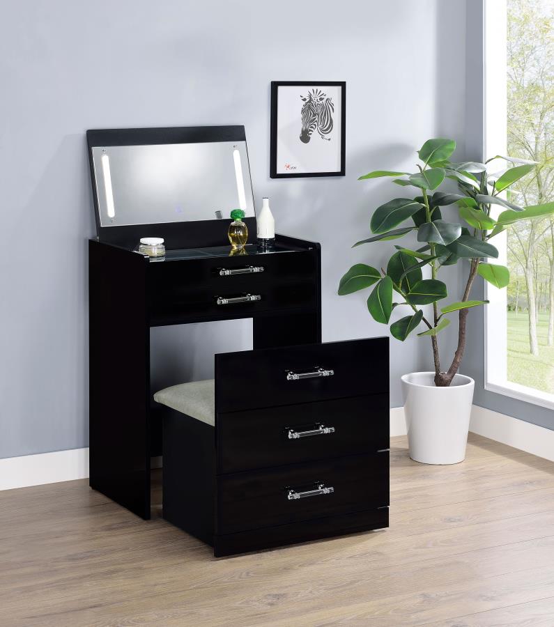 (image for) Danbury 3-drawer Makeup Vanity & Stool Set Black High Gloss