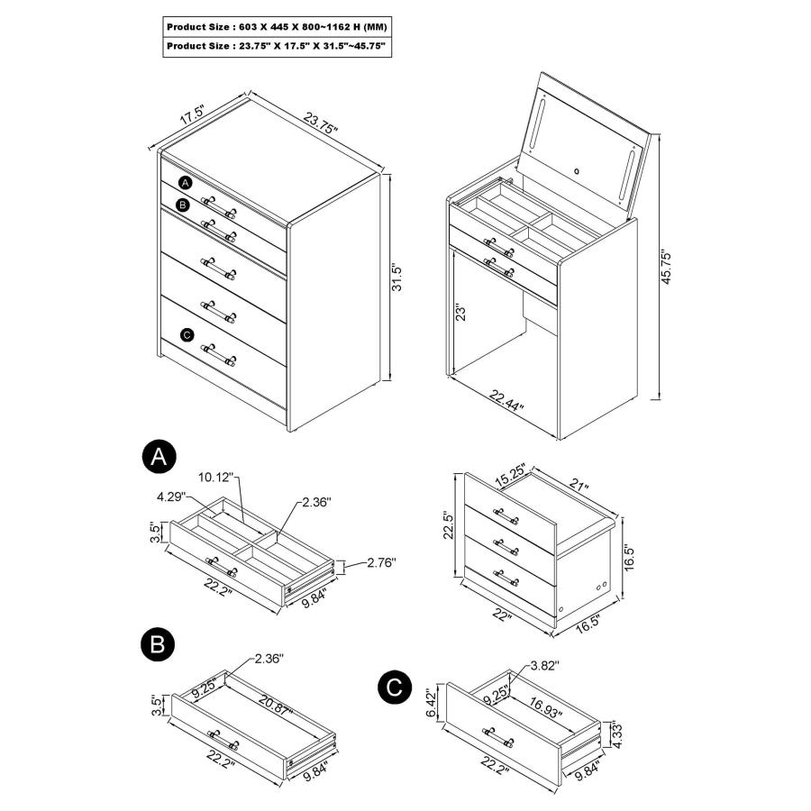 (image for) Danbury 3-drawer Makeup Vanity & Stool Set Black High Gloss