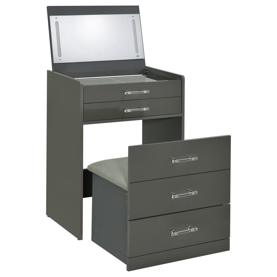 (image for) Danbury 3-drawer Makeup Vanity & Stool Set Grey High Gloss - Click Image to Close