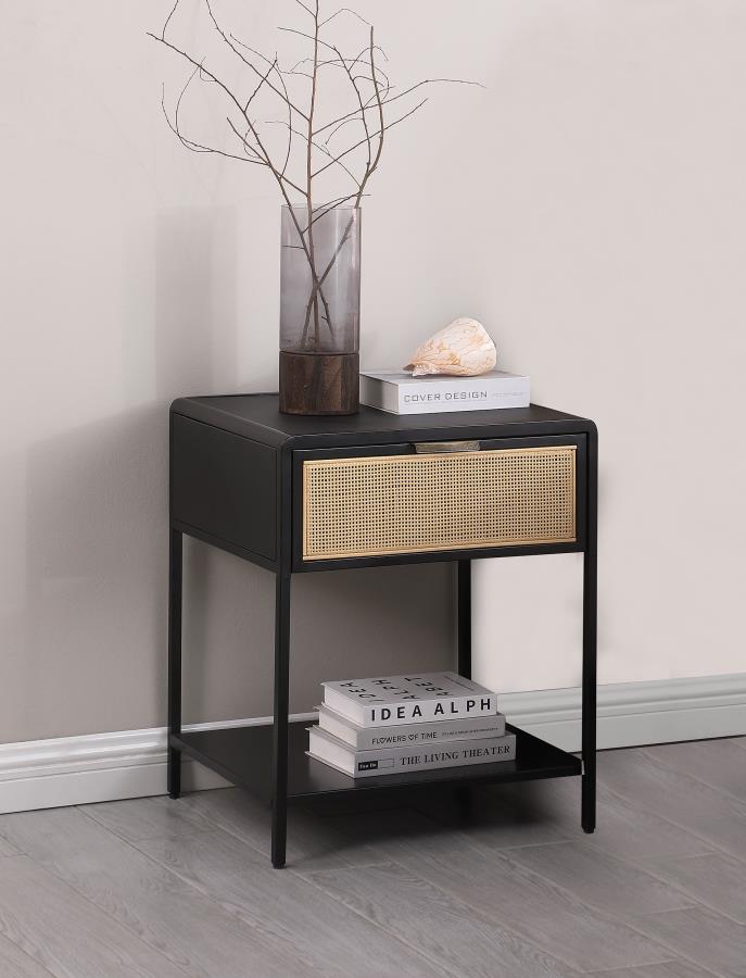 (image for) Amherst 1-drawer Radio Weave Cane Metal Bedside Table Black