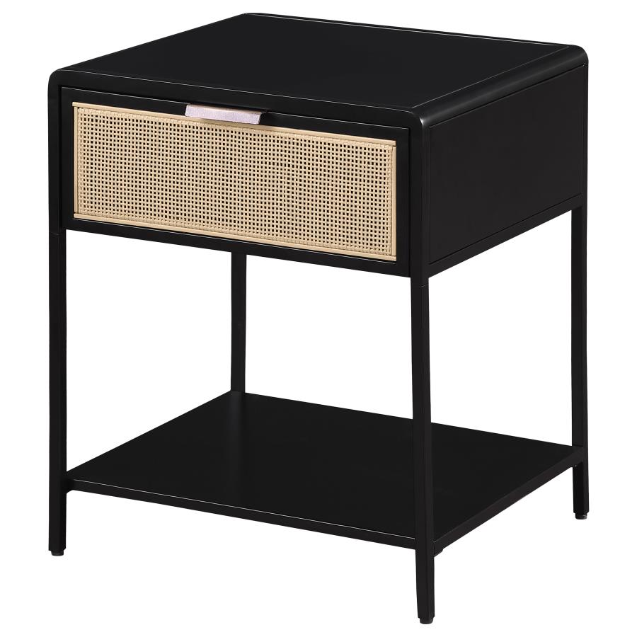 (image for) Amherst 1-drawer Radio Weave Cane Metal Bedside Table Black