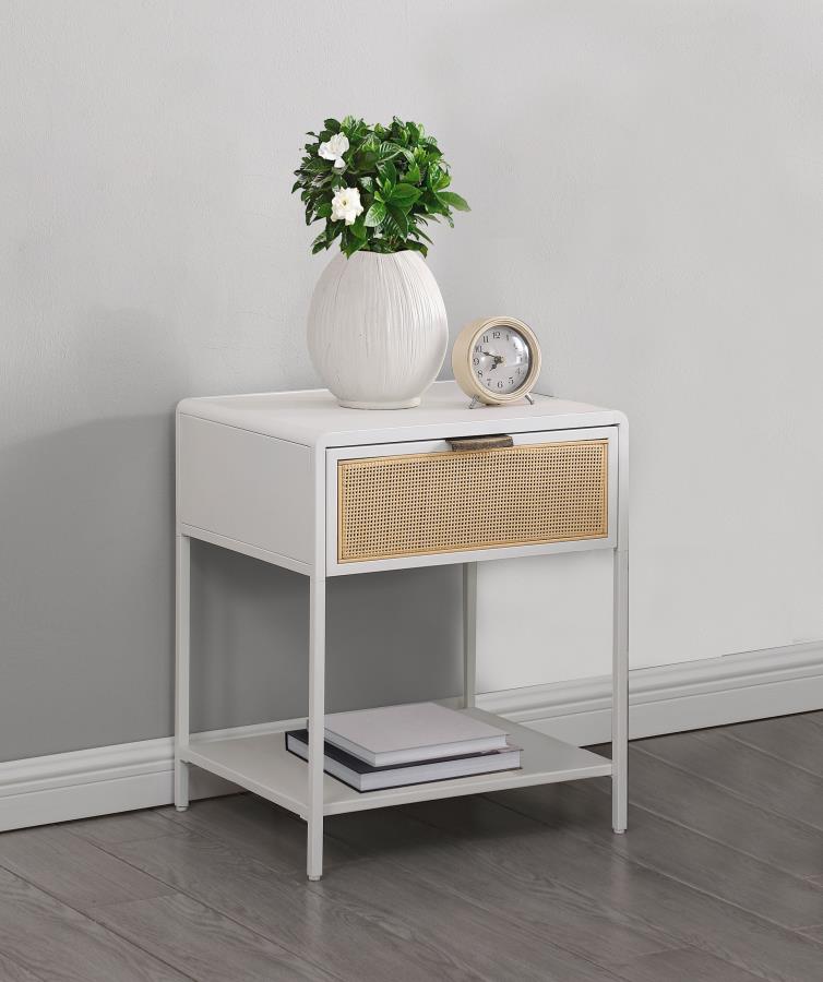 (image for) Amherst 1-drawer Radio Weave Cane Metal Bedside Table White