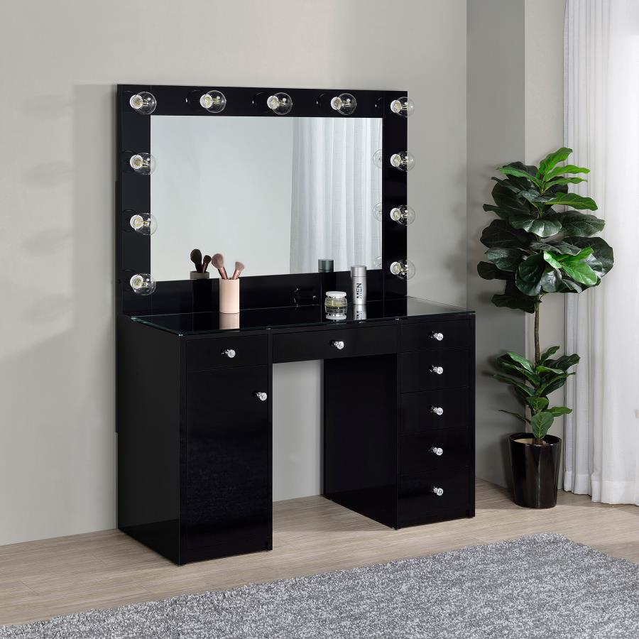 (image for) Acena 7-drawer Vanity Set with Lighting Black High Gloss