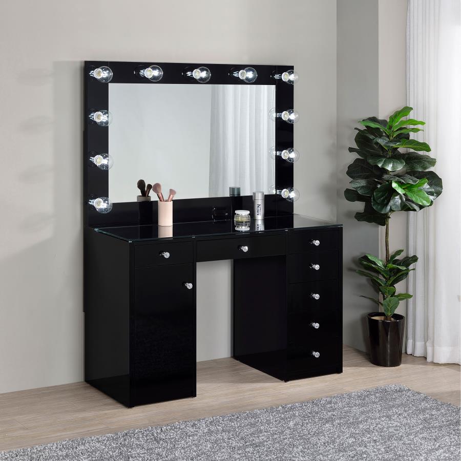 (image for) Acena 7-drawer Vanity Set with Lighting Black High Gloss