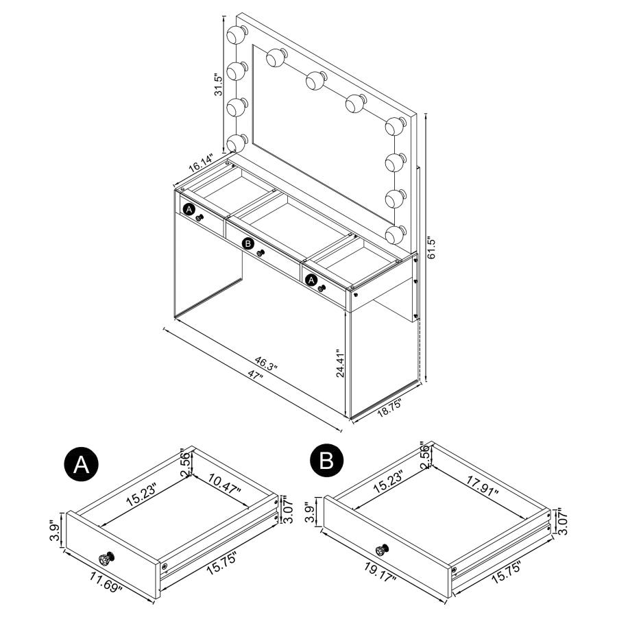 (image for) Afshan 3-drawer Vanity Set with Lighting Grey High Gloss