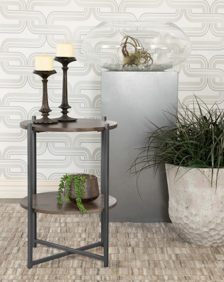 (image for) Axel Round Accent Table with Open Shelf Natural and Gunmetal