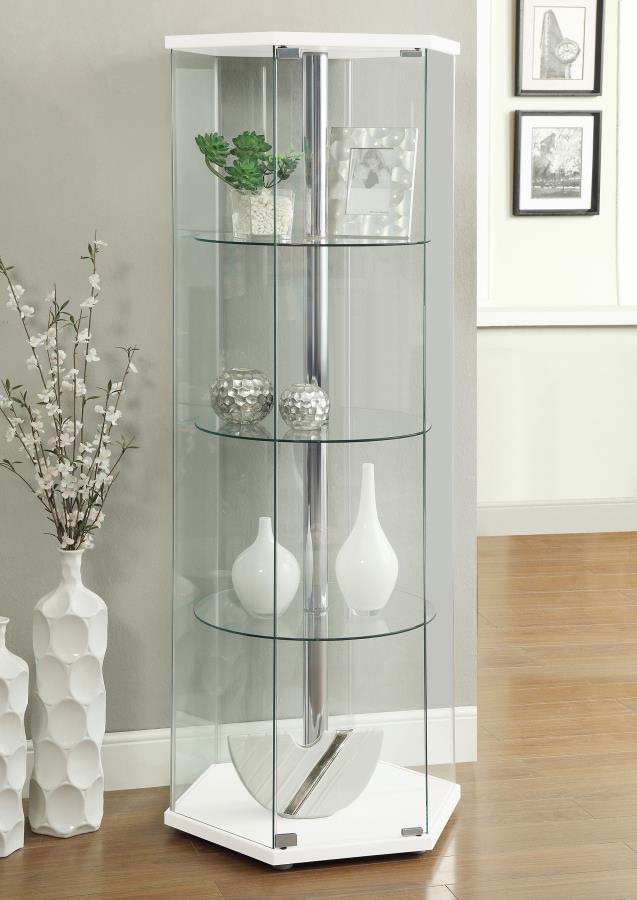 (image for) Zahavah 4-shelf Hexagonal Clear Glass Curio Cabinet White