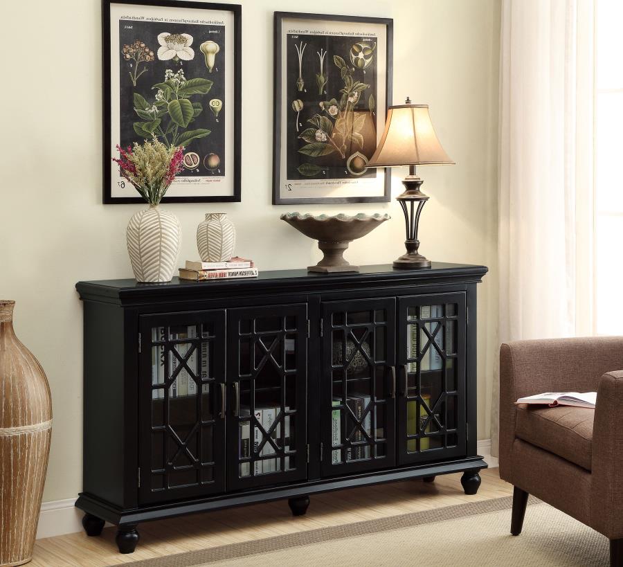 (image for) Kovu 4-door Wood Lattice Storage Accent Cabinet Black