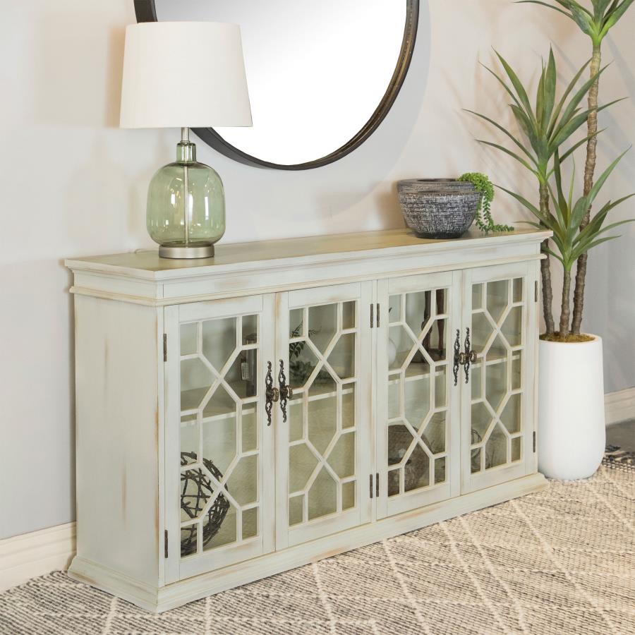 (image for) Kiara 4-door Wood Lattice Storage Accent Cabinet White