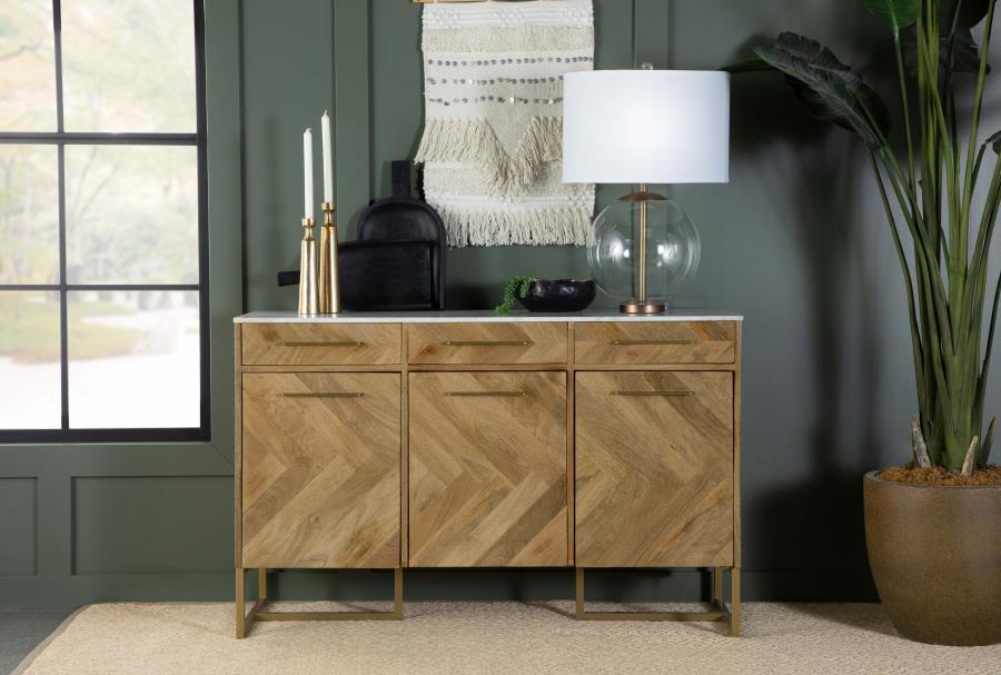 (image for) Keaton 3-door Marble Top Herringbone Accent Cabinet Natural