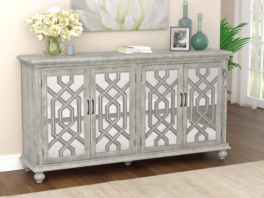 (image for) Melanie 4-door Wood Trellis Accent Cabinet Distressed White