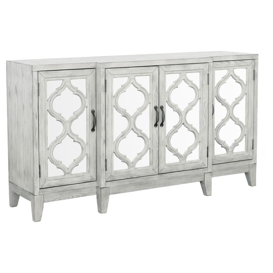 (image for) Mckellen 4-door Wood Trellis Accent Cabinet Distressed White